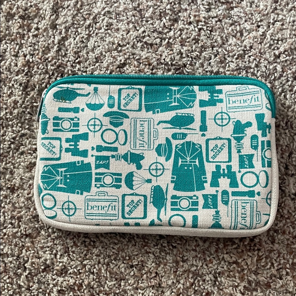 Benefit Teal and Cream Patterned Pouch